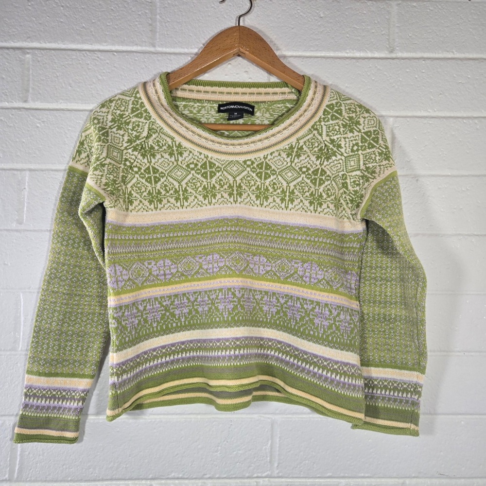 Norton McNaughton Chartreuse Fair Isle Sweater Medium Knit Cotton Blend Pullover
